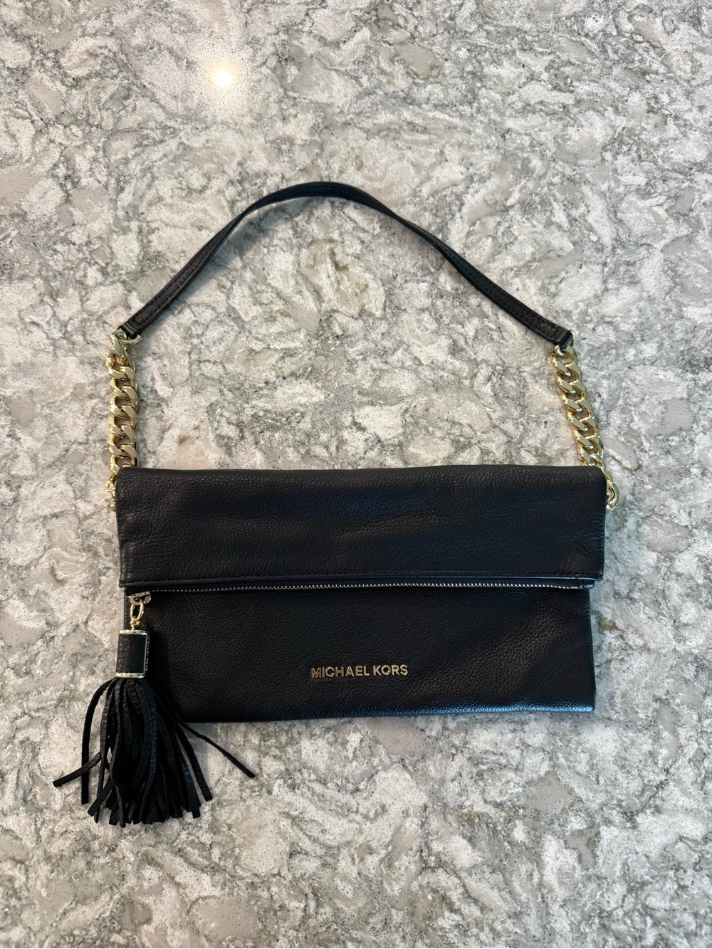 Michael Kors Weston Pebbled Black Tassel Leather Foldover Shoulder Bag